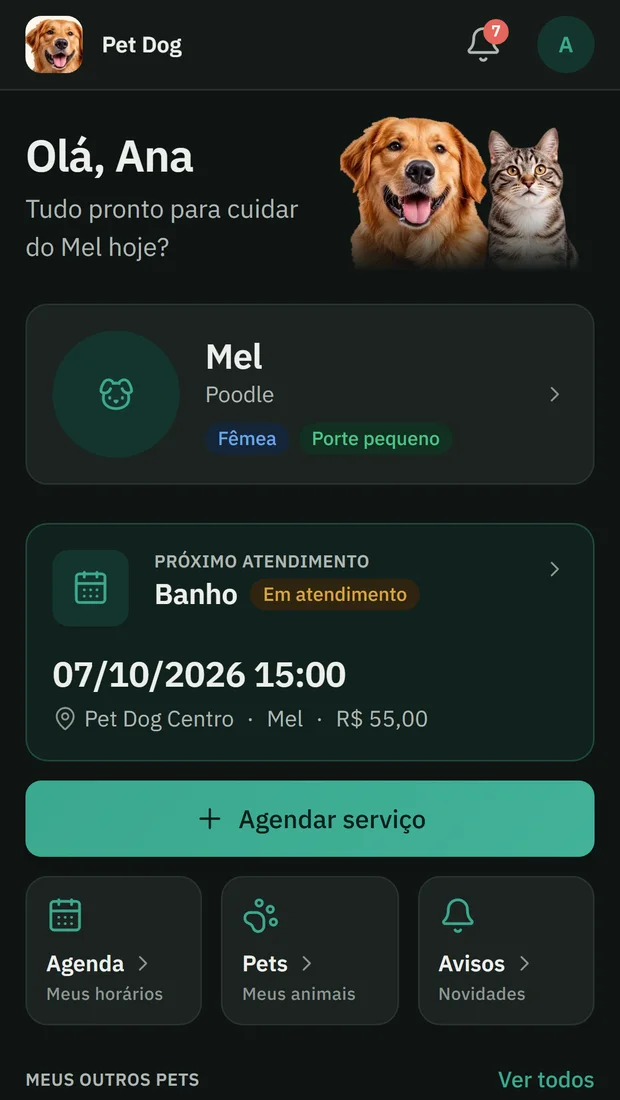 Aplicativo do cliente com a marca da loja: o pet, o próximo atendimento e o botão Agendar serviço