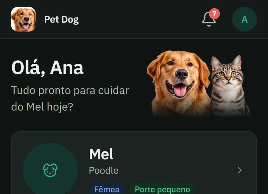 Topo do aplicativo do cliente com a logo e o nome do pet shop